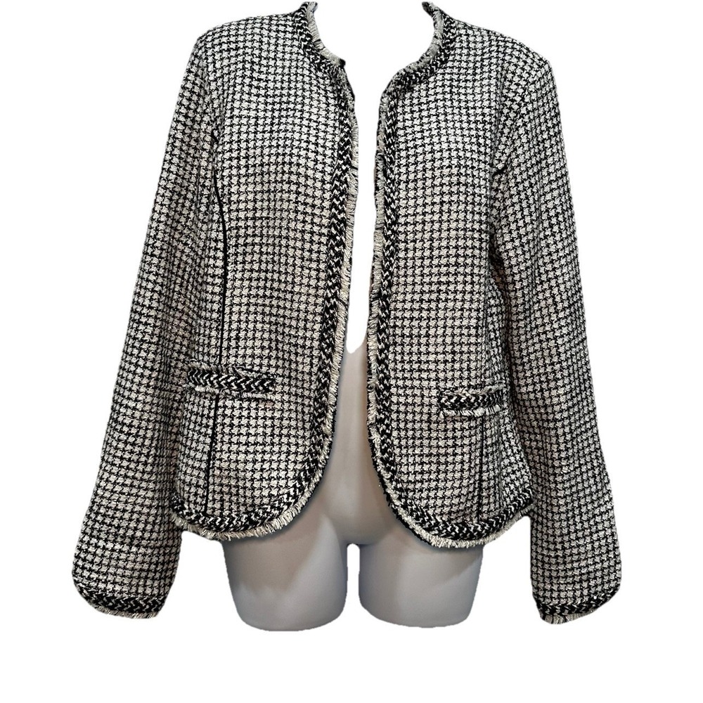 White House Black Market Blazer Womens Medium B&W Plaid Tweed Lining Open Front